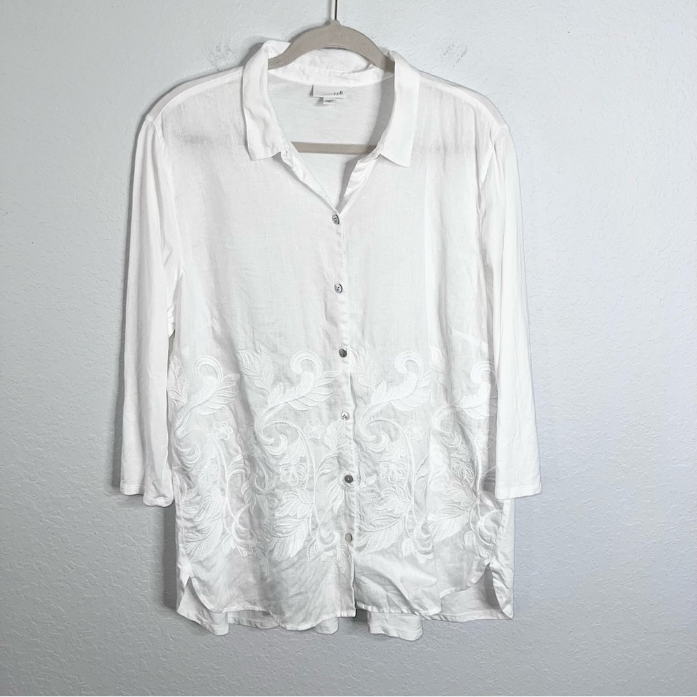 J.Jill Top Women's XL Linen Shirt Floral Embroidered White Button Up HH